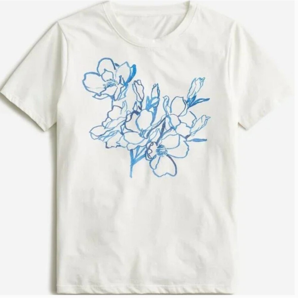 J.Crew White Blue Magnolias Outline Floral Tee Sz S NWOT